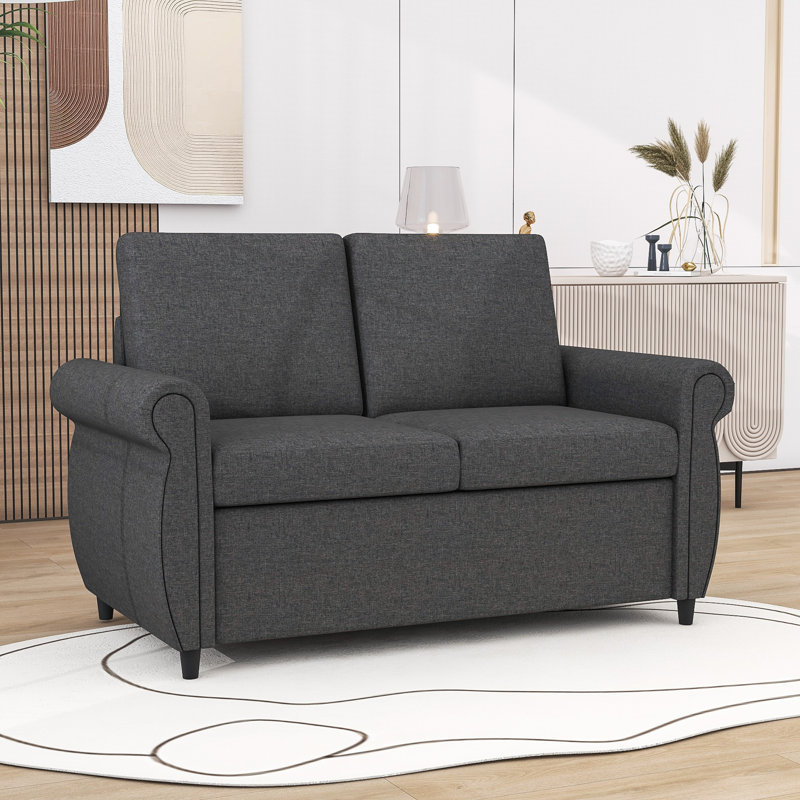Raqual Pull Out Sofa Bed with Twin Memory Mattress, Gray 100% Linen