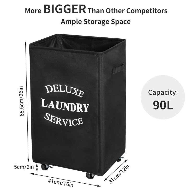 Fabric Rolling Laundry Hamper with Handles, Black
