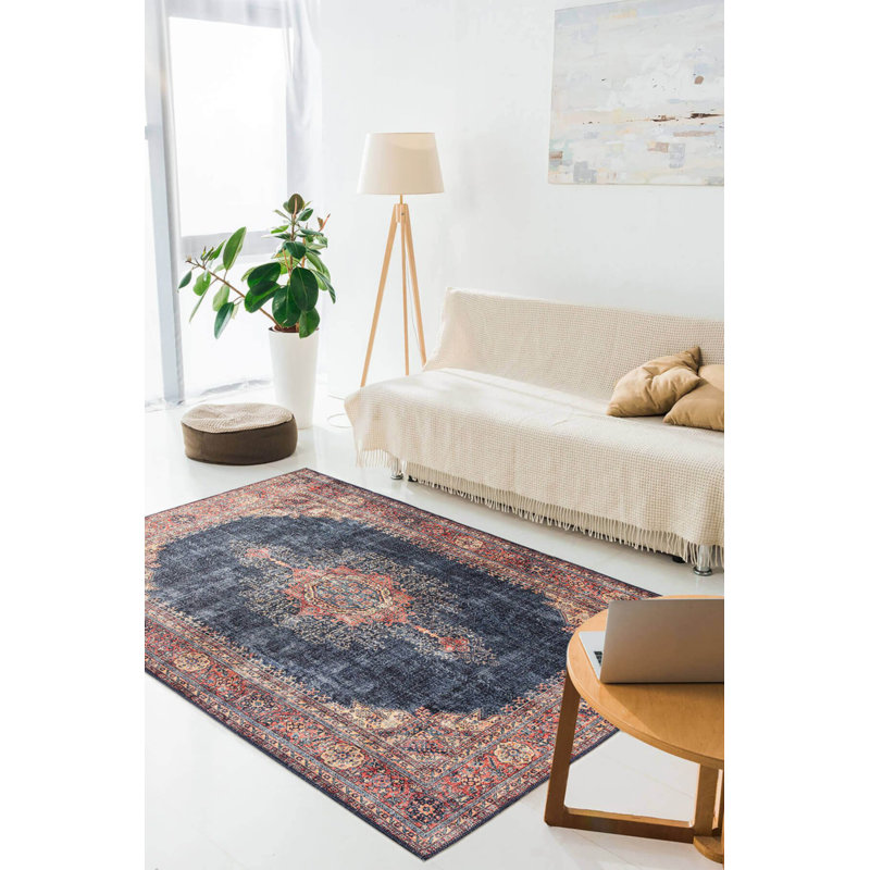 Tapis bleu marine à motif rétro tissé, Carré 5 pi