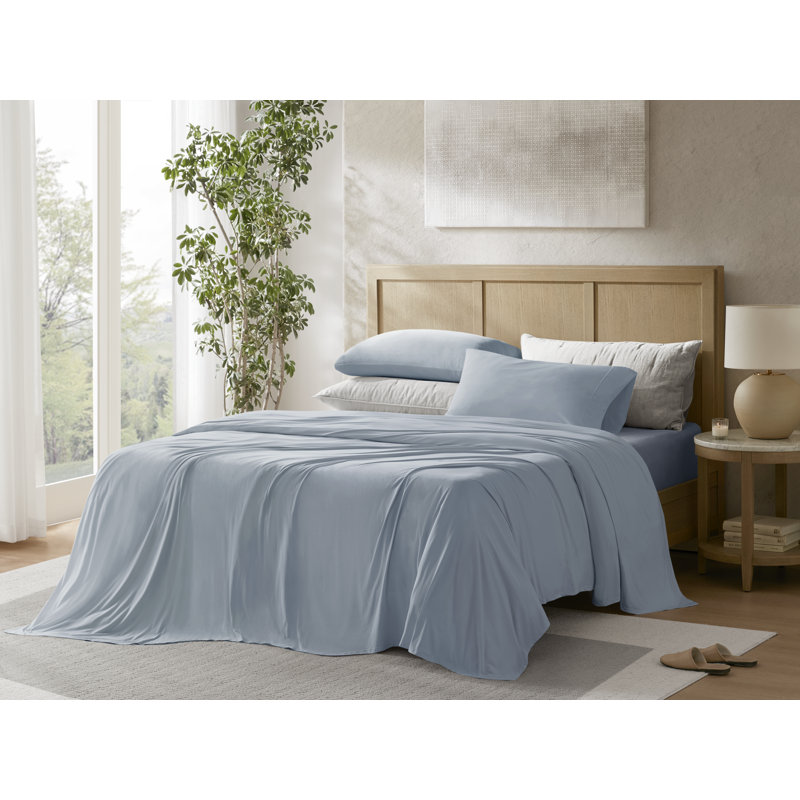 Blue All Season Stretch Jersey Knit 4-Piece Queen Sheet Set, Blue, Full / Queen Sheet Set