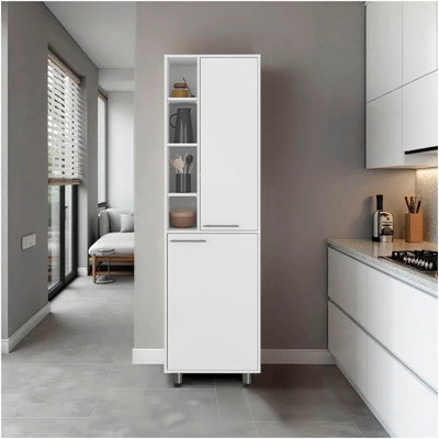 Garde-manger blanc avec plusieurs tablettes ouvertes et fermées
