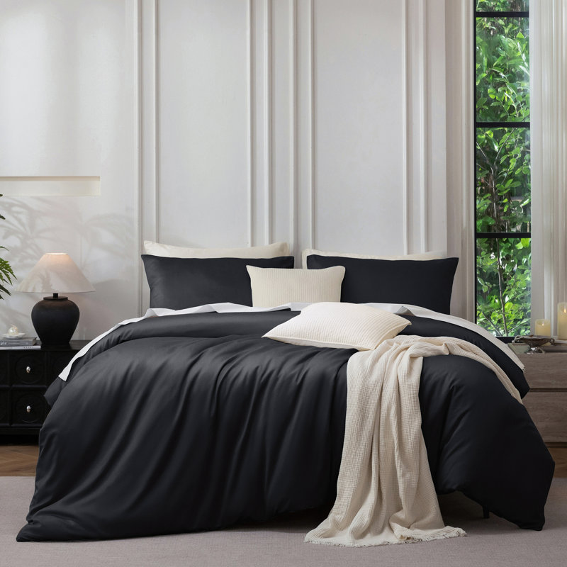 MooMee Duvet Cover Set Silky Sateen Look Luxury Sheen Zipper Closure & 8 Interior Ties 100% Long-Staple Cotton 600TC , Black