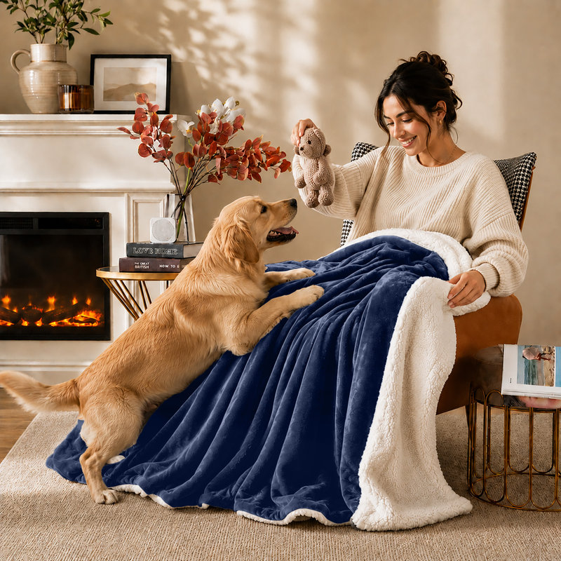 Reversible Sherpa Fleece Blanket | Ultra Soft Warm Throw for Sofa, Bed & Cosy Nights, Navy, King (200cm x 240 cm)