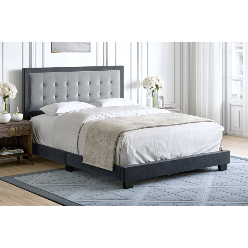 Gray Velvet Tufted Upholstered Queen Platform Bed Frame