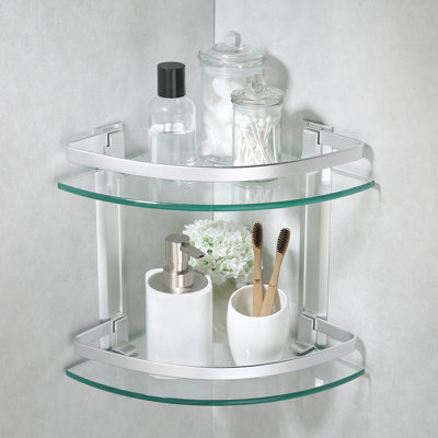 Glass Corner Shelf Bathroom, Corner Glass Shelf With Rail Wall Mount 2 Tier Sand Sprayed Silver Finish
