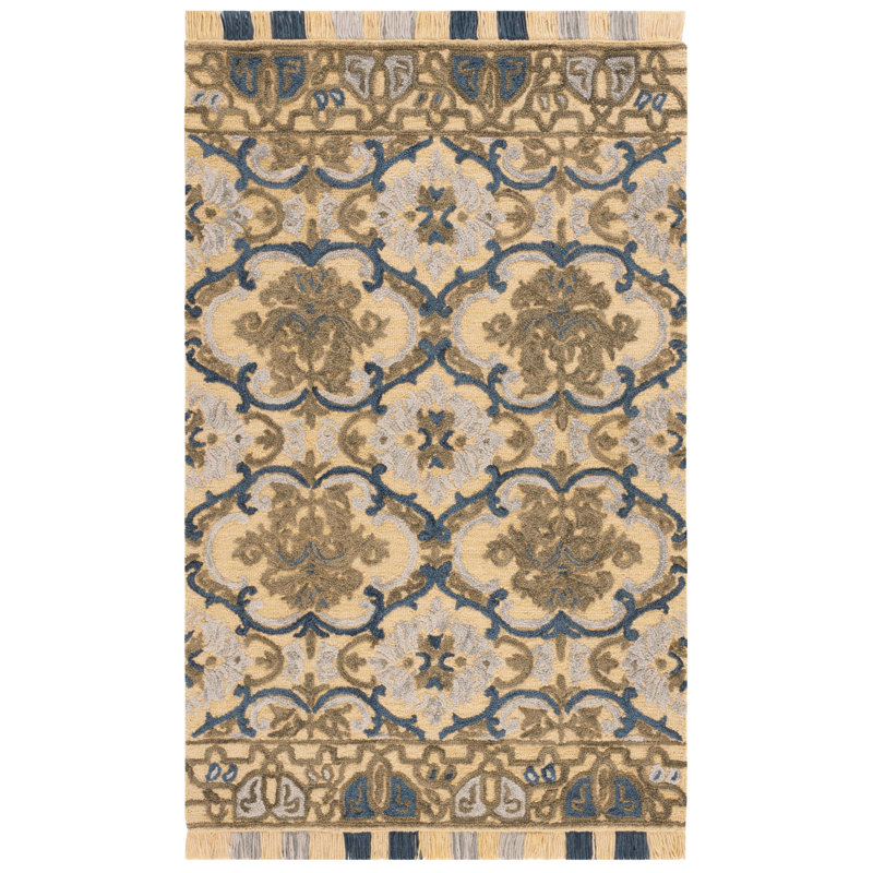 Blossom Tufted Wool/Cotton Performance Floral Rug in Blue/Gold, Rectangle 4' x 6'