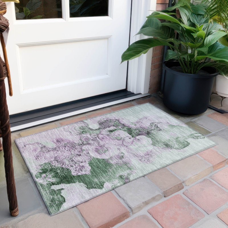 Machine Washable Indoor/Outdoor Xhevrie Sage Rug, Rectangle 1'8" x 2'6"
