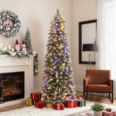 7.5 FT Pre-lit Pencil Christmas Tree with Adjustable Lighting and Pinecones