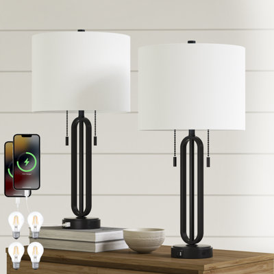 26.5" Industrial Iron Table Lamp Dual Pull Chain USB Type-C Ports for Bedroom Living Room