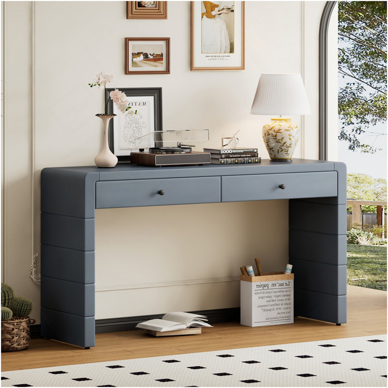 Console courbée avec rangement, table d'entrée en bois avec 2 tiroirs, console rustique de style campagnard pour entrée, couloir, salon, bleu marine