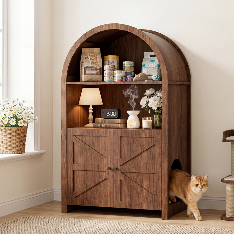 Enclos de litière pour chat en forme d'arche, armoire dissimulée de 128,6 cm de haut avec rangement