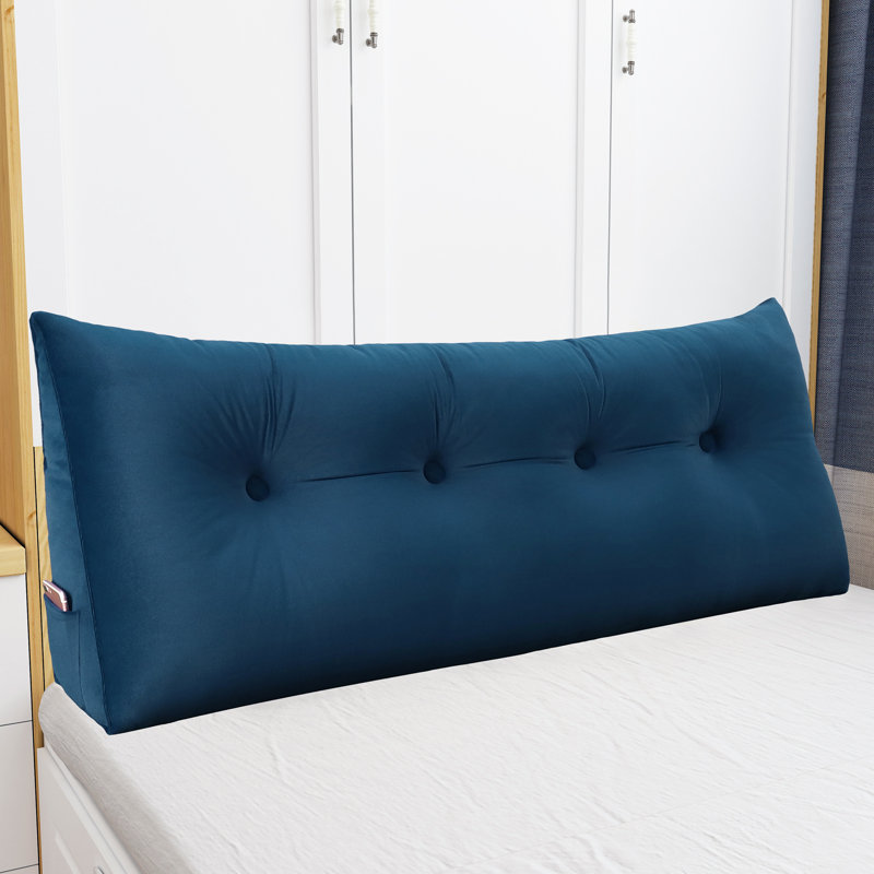 Sit-up Back Comfort Velvet Headboard Wedge Reading Pillow Triangular Backrest Back Support, Dark Blue, 20" H x 76" W