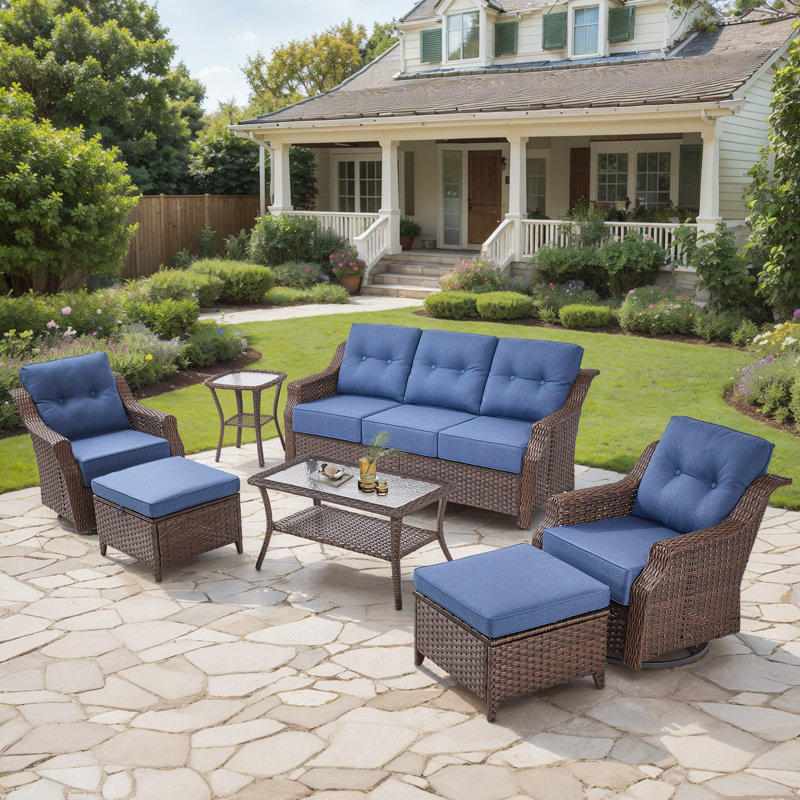 Sami 7-Piece Wicker Patio Furniture Sofa Set, 6-Inch Thick Cushioned Swivel Glider Chairs & Multifunctional Ottomans, Blue