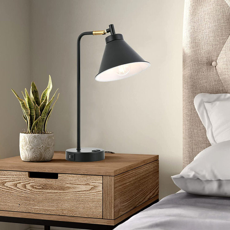 Touch Dimmable USB & Type-C & AC Outlet Industrial Metal Desk Lamp with Bulb, Black
