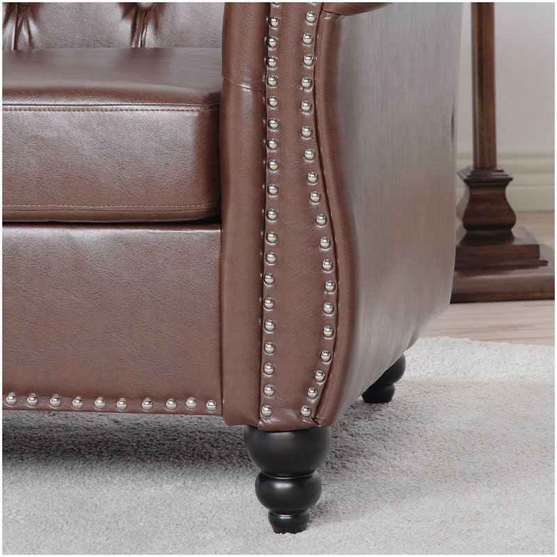 Accent Sofa Chair For Living Room, Dark Brown Faux Leather, Black