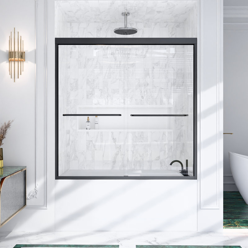 Porte de douche coulissante double semi-sans cadre H 56 po x l 60 po x H 60 po, porte de douche de dérivation de 1/4 po (6 mm) d'épaisseur, noir mat