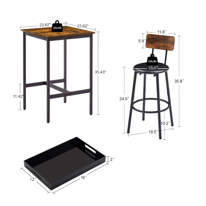 Doncaster Bar Table Set with 2 Bar stools PU Soft seat with backrest, Rustic Brown, 23.62'' W x 23.62'' D x 35.43'' H and 1pcs tray