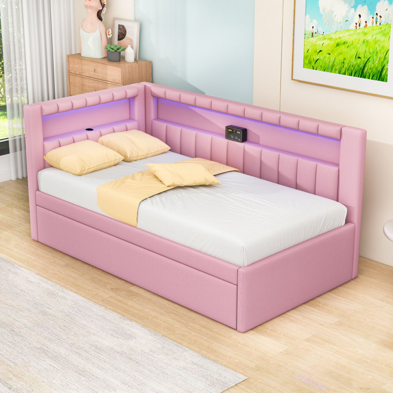 Twin Upholstered Daybed with Trundle and USB and LED Belt, Pink
