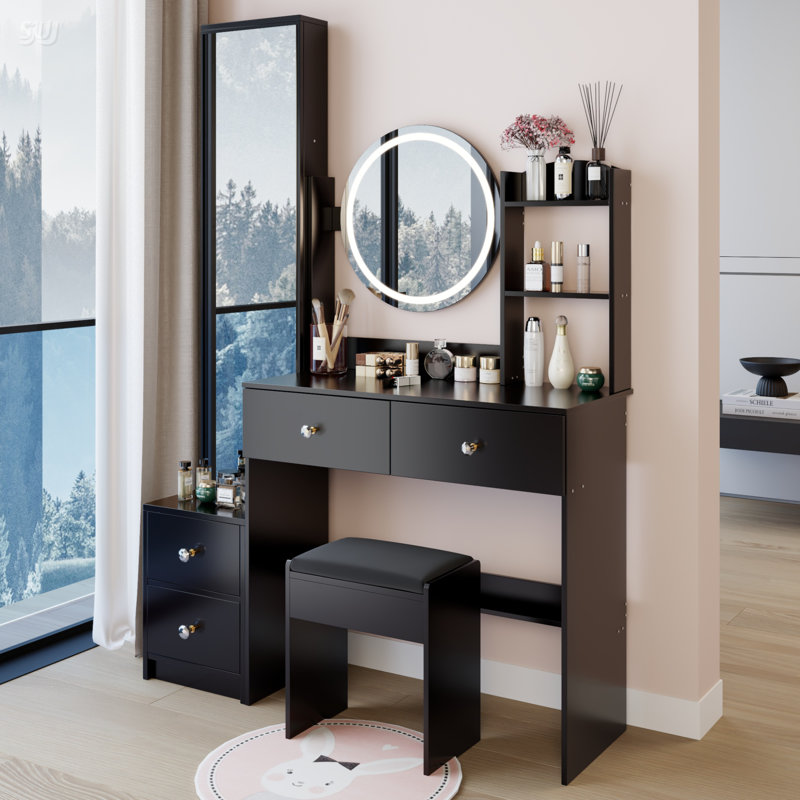 Full Body Mirror Cabinet + Round LED Vanity Table + Cushioned Stool, 17\, Black