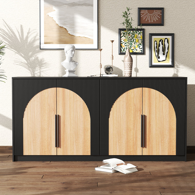 65" Sideboard Buffet Cabinet, Accent Cabinet with Large Storage, Modern Media Console Credenza, Farmhouse Fluted Buffet Table Coffee Bar for Kitchen, Dinning Room, Pantry (Black Oak)