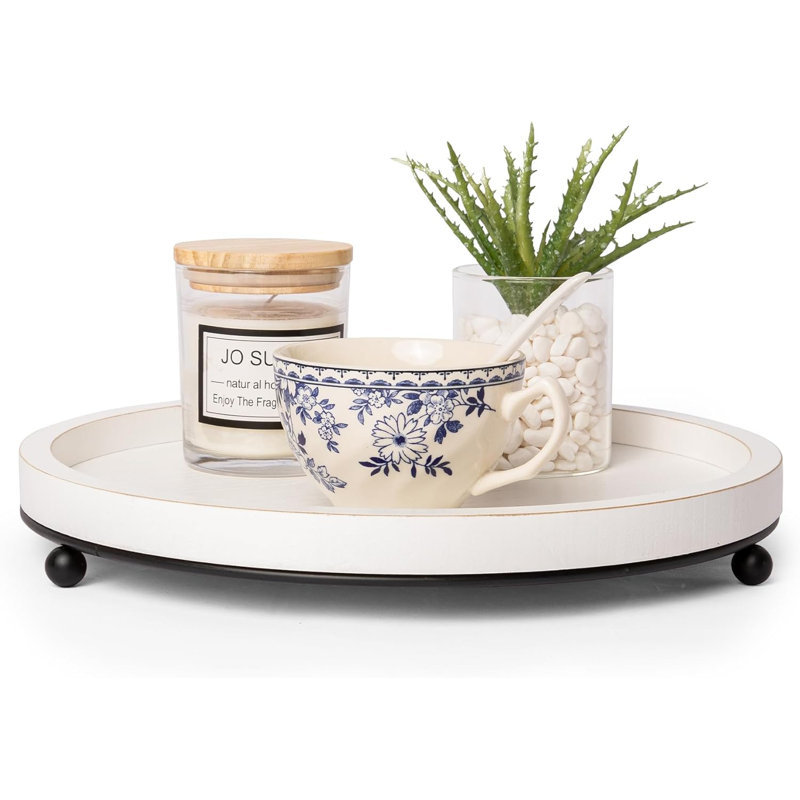 Plateau rond décoratif - centre de table basse en bois rustique et perles de fer de style campagnard pour le salon, la cuisine, la table de salle à manger