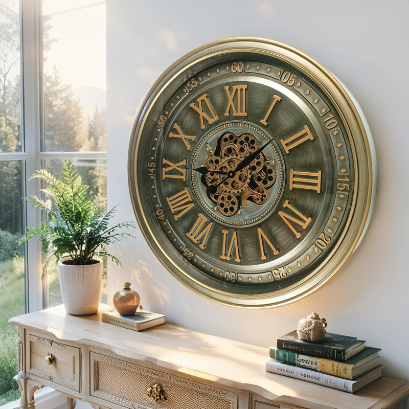 THE GEARS CLOCK Wall Clock with Real Moving Gears IR-LI_ 32 in Round "CORK" BRASS-ANTIQUE