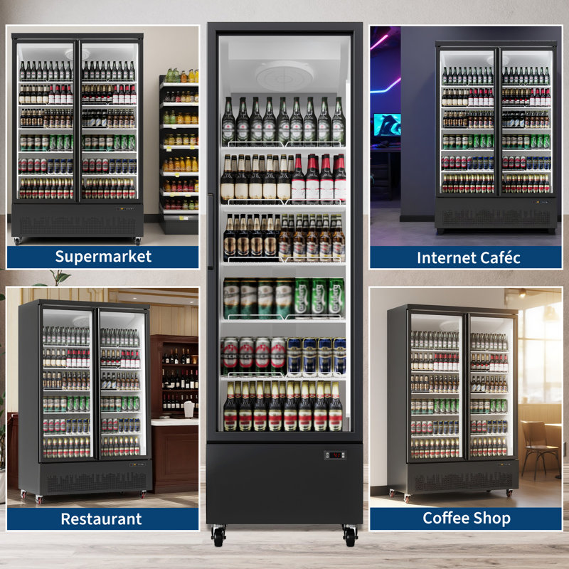 54 in 35.3 Cu Ft Upright Commercial Beverage Refrigerator, Black Double Glass Front Door Display Cooler with Adjustable Shelves, Stable Cooling for Restaurant Store Kitchen Use