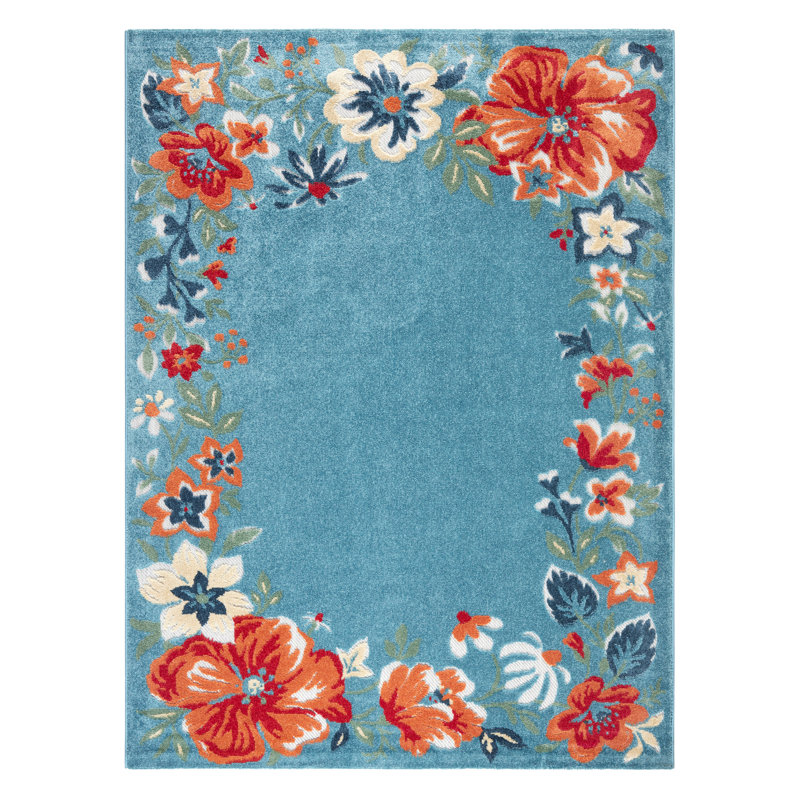 TOWN & COUNTRY EVERYDAY Hibiscus Bloom Border Modern Floral Outdoor Rug Light Blue/Red, Rectangle 5'2" x 7'2"