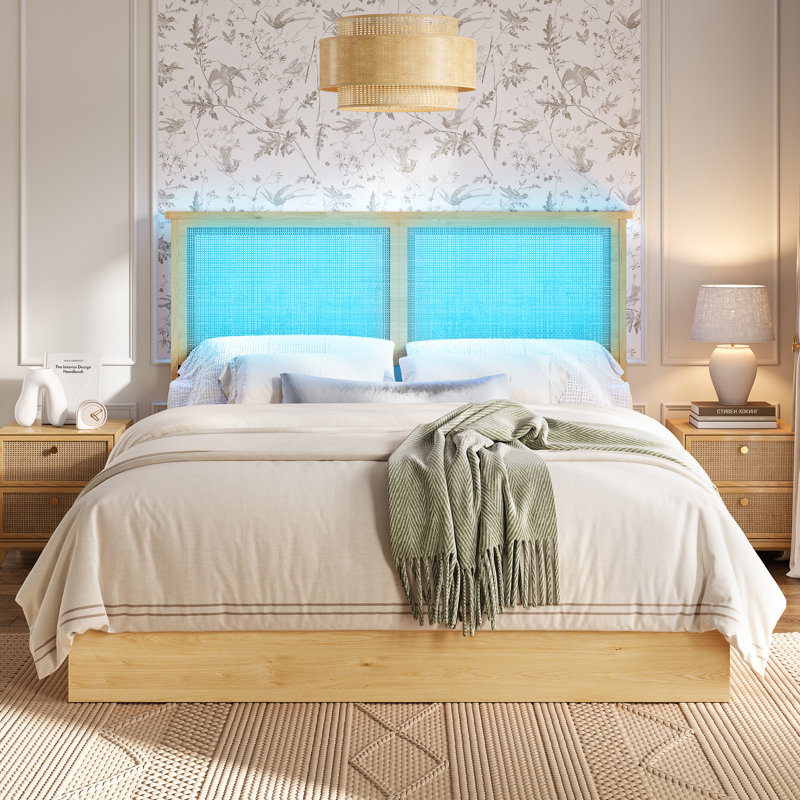 Cadre de lit en rotin grand format Boho - tête de lit en rotin naturel, 4 tiroirs de rangement, lumières à DEL RVB, lattes en bois, conception de plateforme, assemblage facile, aucun sommier tapissier requis, QUEENL (avec tiroir)