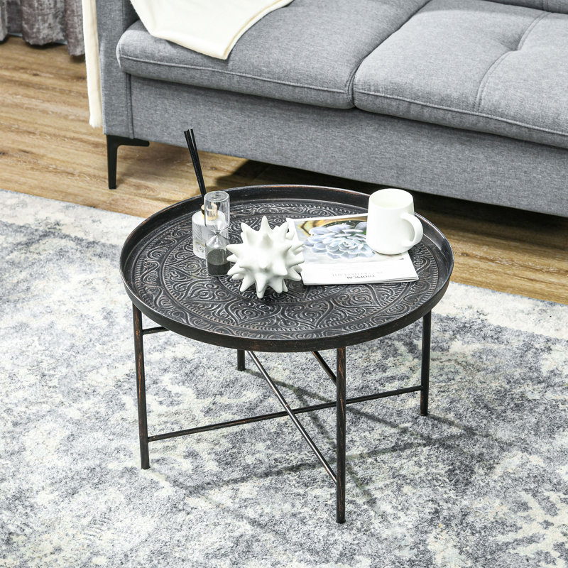 24" Round Coffee Table with Hammered Tray Top & Metal Frame, Pewter