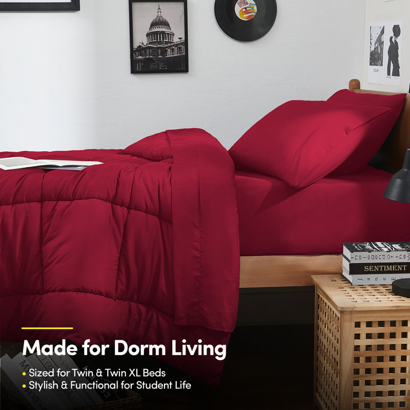 7PC Campus Ready Dorm Twin XL Bedding Bundle, Solid Comforter, Pillows And Sheet Set, Red