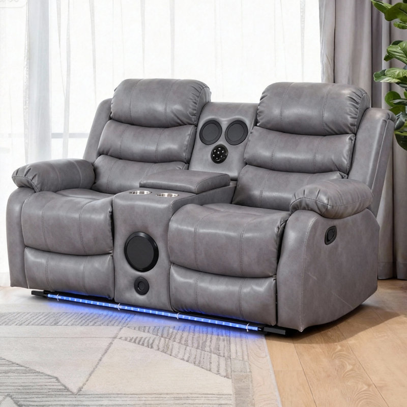 Causeuse en similicuir 68,89 po avec inclinable et haut-parleurs Bluetooth, Gris