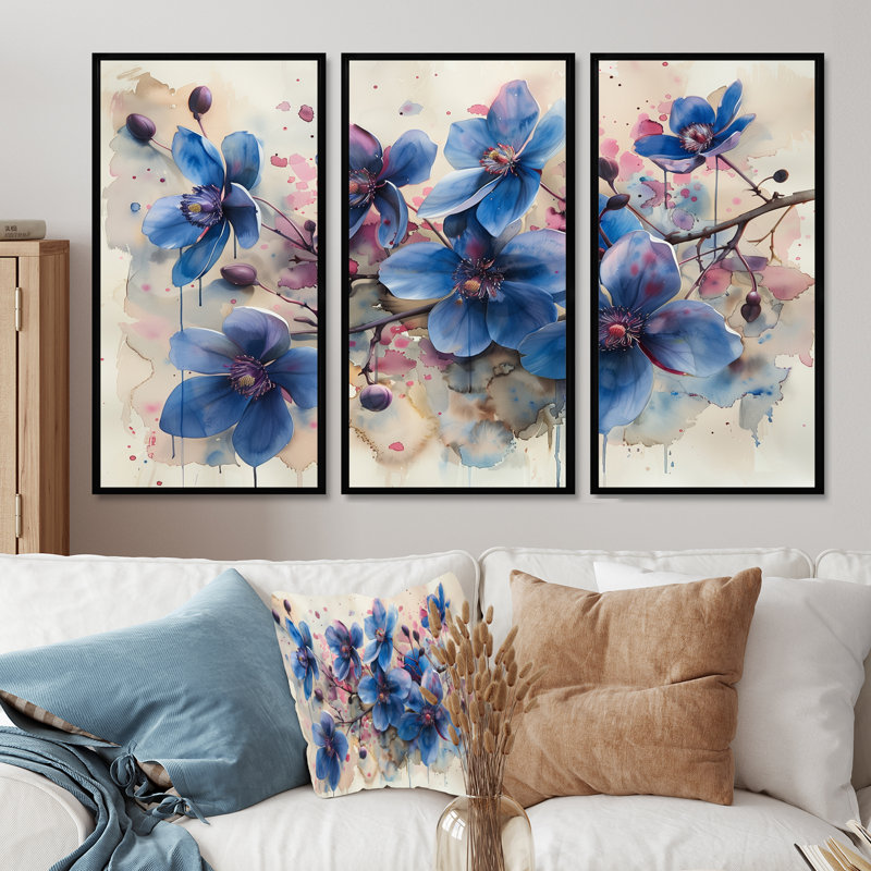 «Blue Cherry Blossom Elegant Blooms», ensemble de reproductions d'art mural cerisier en fleurs, H 28 po x l 12 po x P 1 po