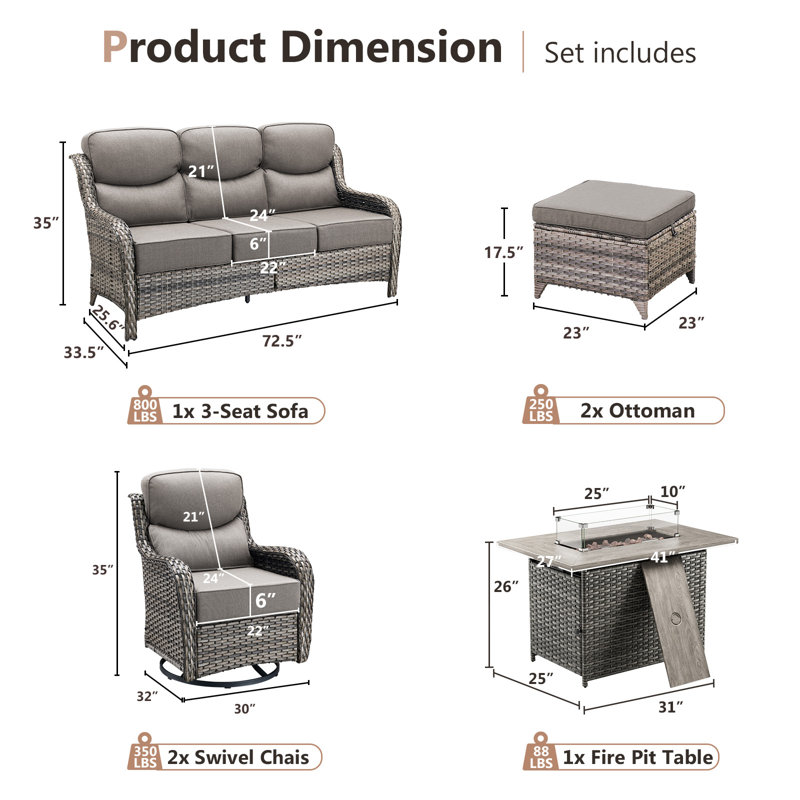 High Back Outdoor Furniture With 6-Inch Extra Thick Cushions, Patio Furniture Set With Fire Pit Table & Swivel Chairs, 6 PCS Wicker Conversation Set For Yard, Deck, Poolside