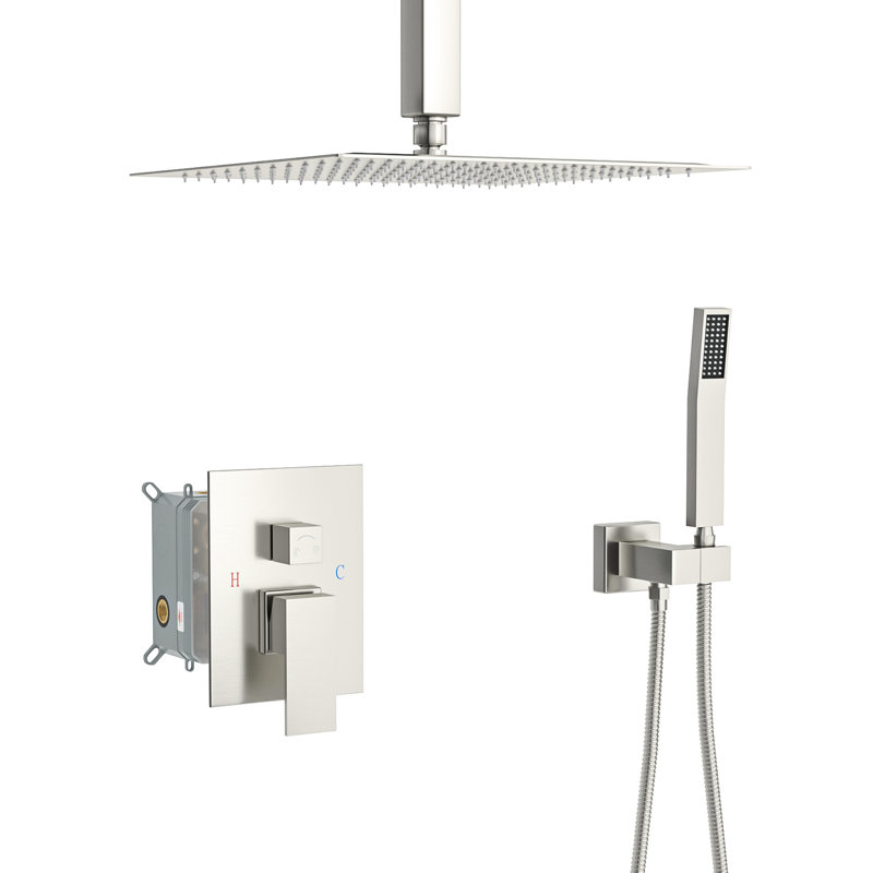 Brushed Nickel Dual Shower Head - 10 Inch Square Ceiling Mount With Adjustable Water Flow And Handheld Function Rain -Balanced Valve Detachable