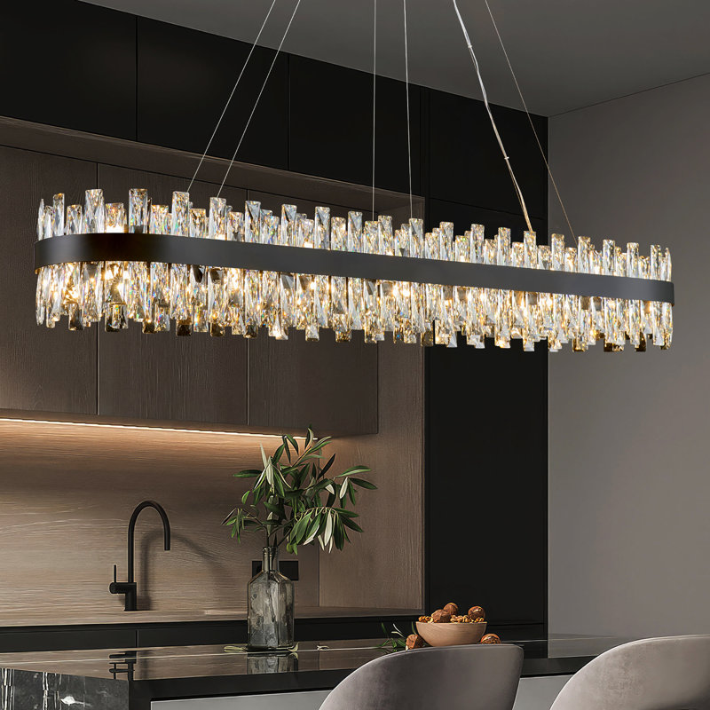 Light Dimmable Square / Rectangle Crystal Chandelier, Matte Black, 9.8" H x 57" W x 12" D