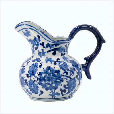 7.7"H Blue & White Milk Jug Shaped Ceramic Vase, Decorative Pitcher Vase with Floral Pattern