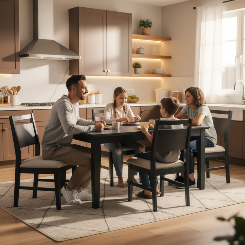Saby 5Pc Dining Table Set, 4 Side Chairs, Black Rubberwood, Light Brown