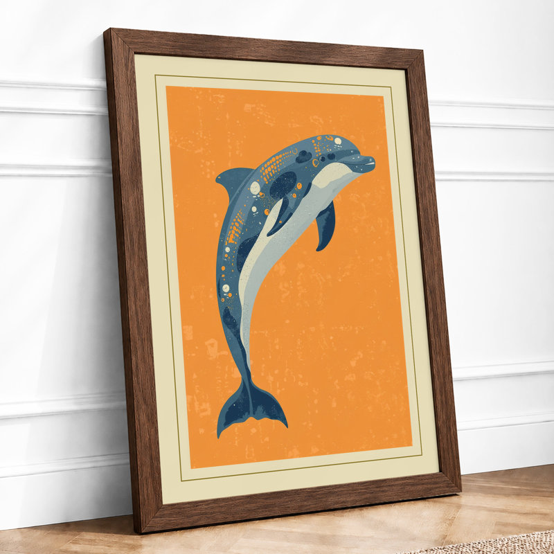Leaping Dolphin Coastal - Framed Print, A2 - 59.4 x 42.0 cm, Walnut