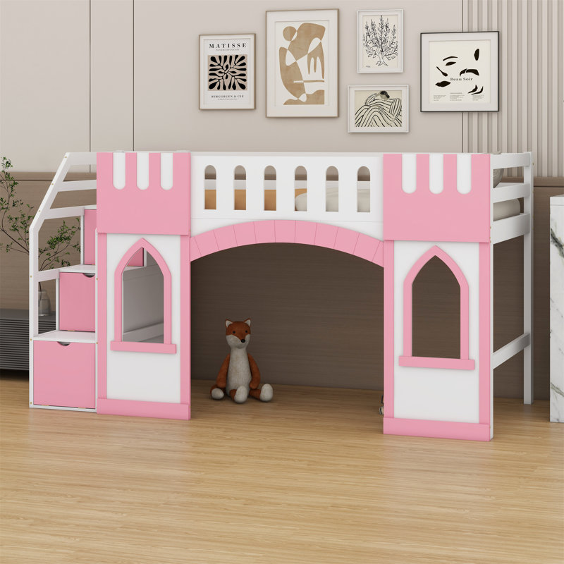 Lit mezzanine avec escalier de rangement et fenêtre, Rose