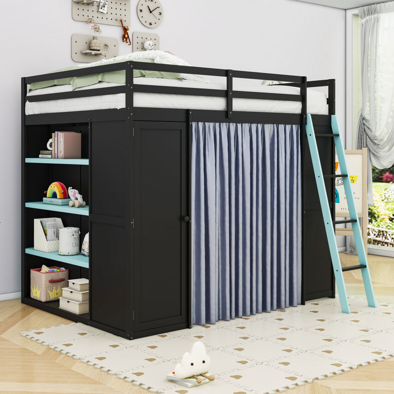 Lit mezzanine double en bois avec poste de travail intégré, garde-robe et éclairage personnalisable, Noir / Bleu