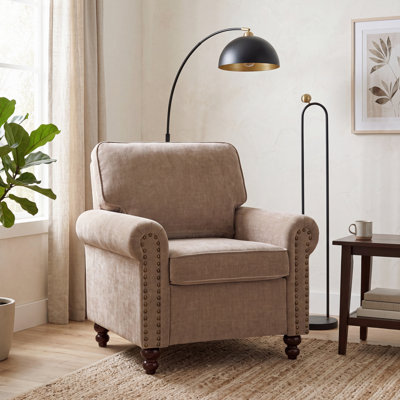 37" Nailhead Armchair, Rolled Arms Single Sofa Chair for Living Room, Mid-Century Modern Comfy Reading Chair, Beige
