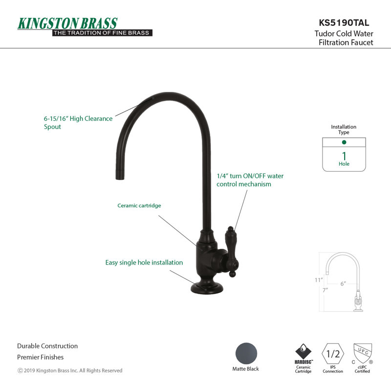 Robinet de filtration d'eau monocommande à 1 trou Kingston Brass Tudor, Noir mat