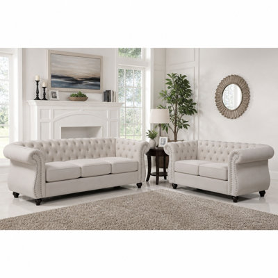 Ensemble de canapé de salon en velours écrasé 2 pièces Chesterfield, canapé 3 places et causeuse 2 places, accoudoirs roulés capitonnés, pieds fuselés en bois massif, mousse haute densité et coussins à ressorts