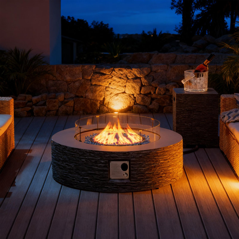 42-Inch Round Concrete Propane Fire Pit Table with Tank Cover and Wind Guard,Dark Gray, Dark Gray