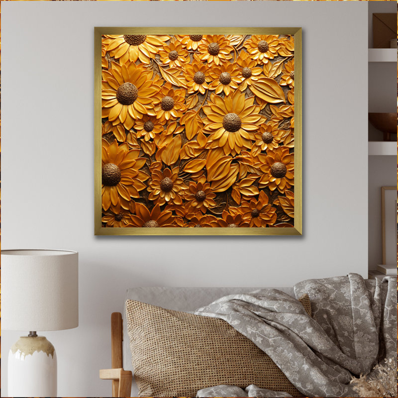 Tournesol doré rayonnant sur toile, H 30 po x l 30 po x P 1 po, Cadre doré à une seule photo