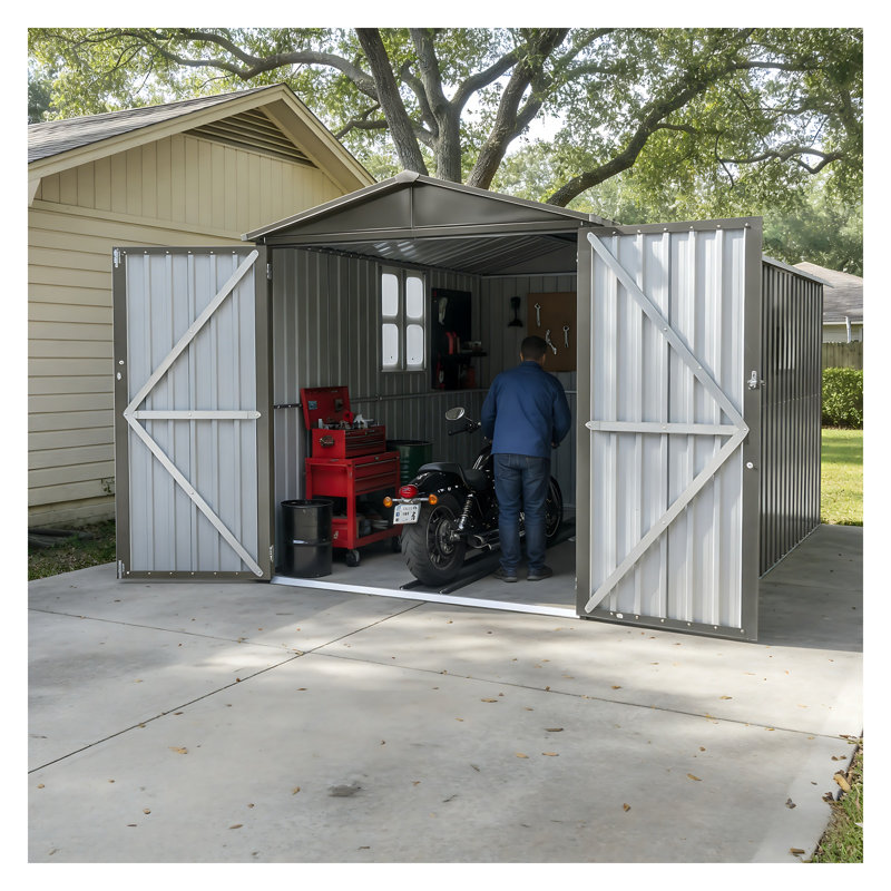 Remise de rangement pour motos en métal gris avec fenêtre, rails de plancher et accessoires inclus