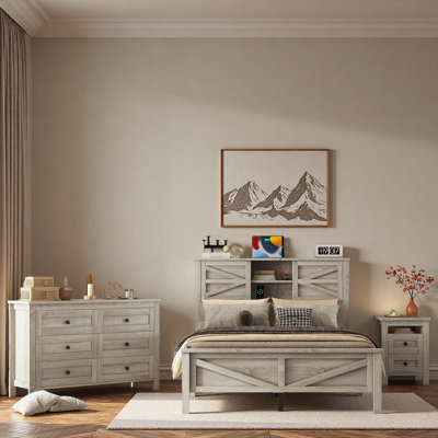 Ensemble de chambre à coucher 3 pièces, lit plateforme avec portes coulissantes, tête de rangement et station de charge, 1 table de chevet avec 2 tiroirs, 1 commode avec 6 tiroirs