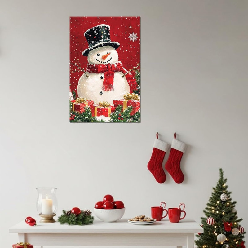 Art mural en toile rouge avec bonhomme de neige rouge 24 po x 36 po