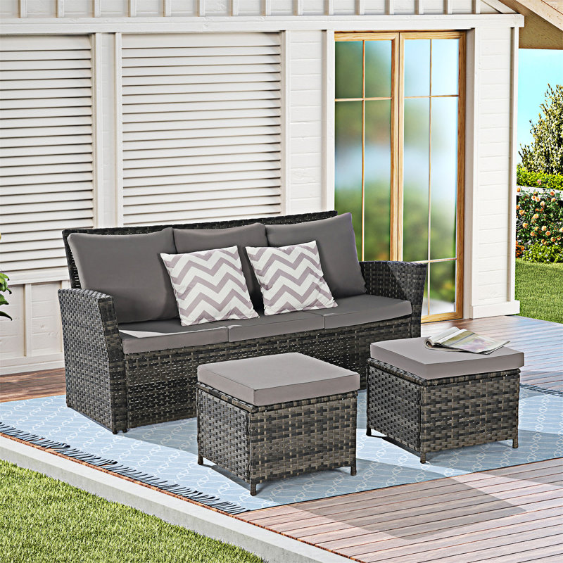 3 Piece Outdoor Wicker Conversation Set, Dark Gray
